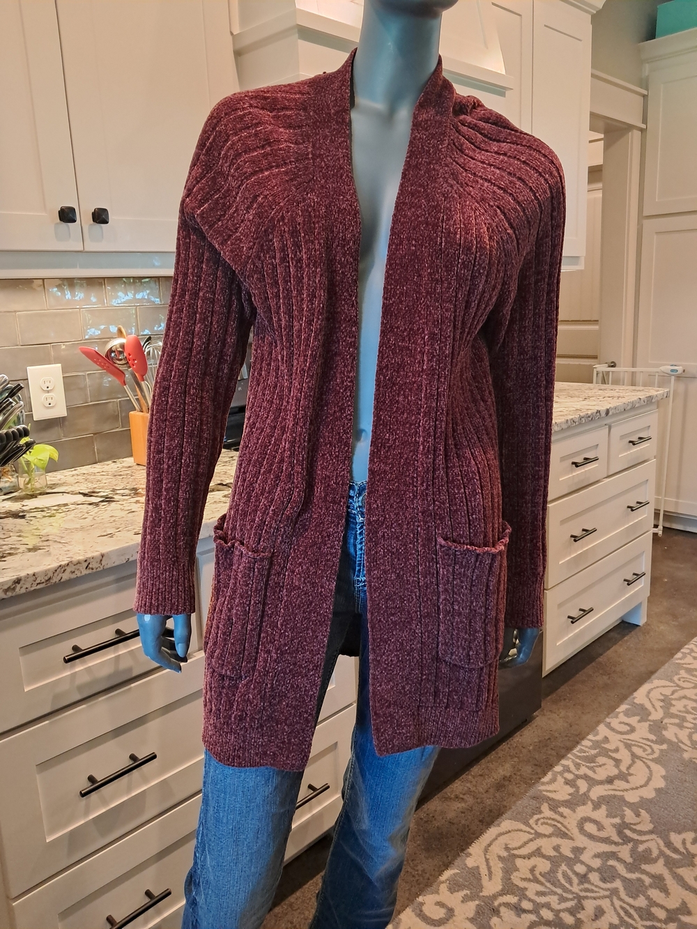 Cozy Open-Front Maroon Ribbed Cardigan Sweater for Women